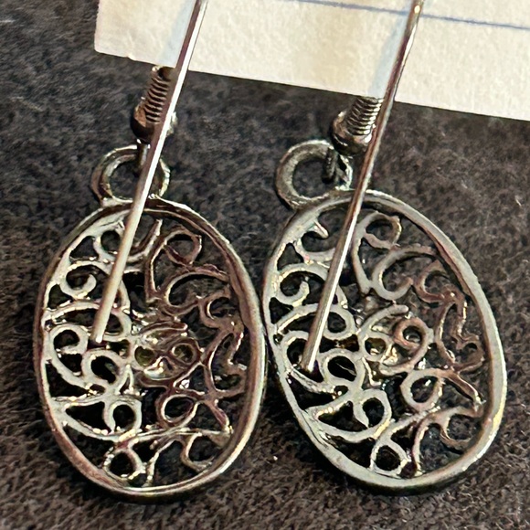 Premier Designs Stainless Floral Rhinestone, Oval Dangle Drop Pierced Earrings - Picture 4 of 4